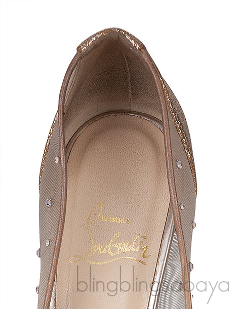 Gold & Beige Mesh Crystal Pointed Toe Heels