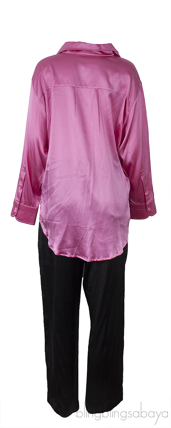Fuchsia Silk Satin Shirt & Black Satin Trouser