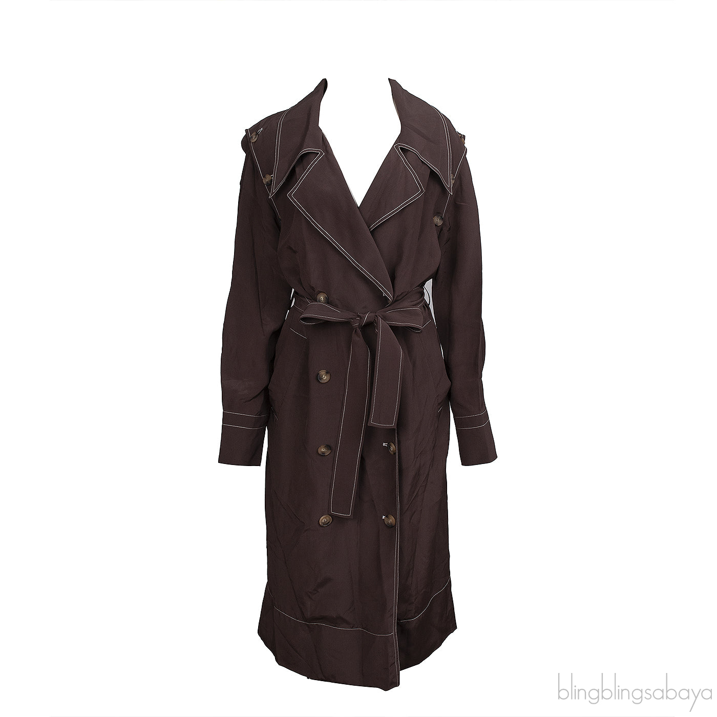 Rejina Pyo Brown Viscose Contrast-Stitch Trench Coat