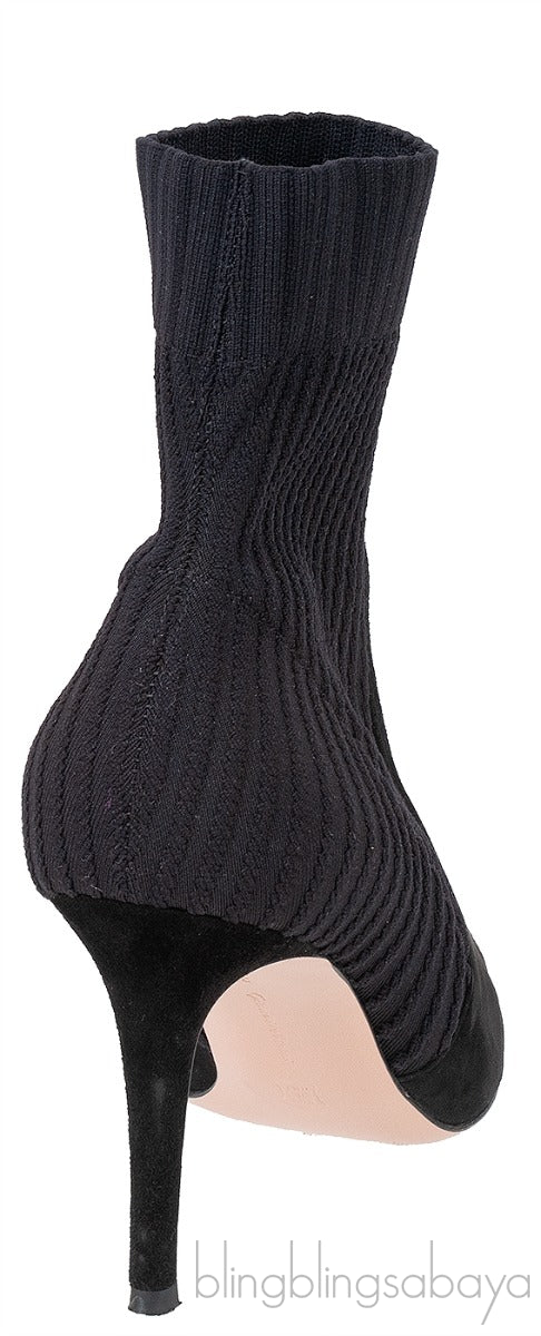 Black Knitted Pointed Toe Ankle Boots