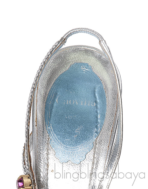 Rene Caovilla Metallic Silver Crystal Embellished Sandals