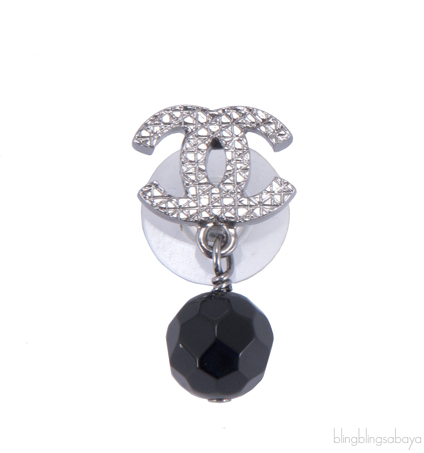 Silver CC Black Crystal Drop Earrings