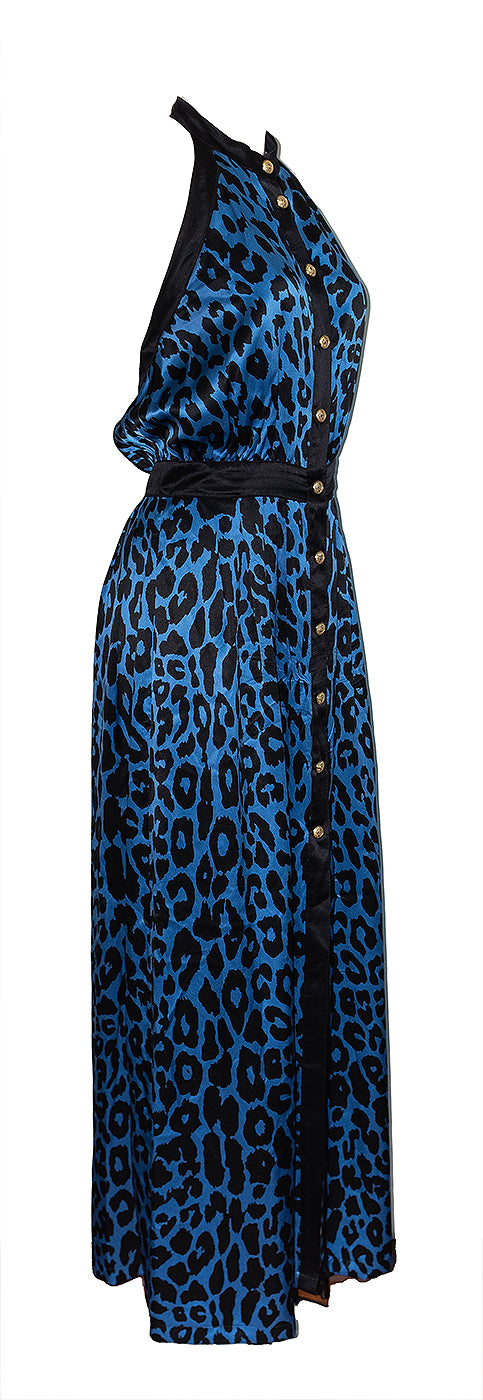 Balmain Animal Print Black & Blue Halter Neck Silk Dress