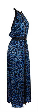 Balmain Animal Print Black & Blue Halter Neck Silk Dress
