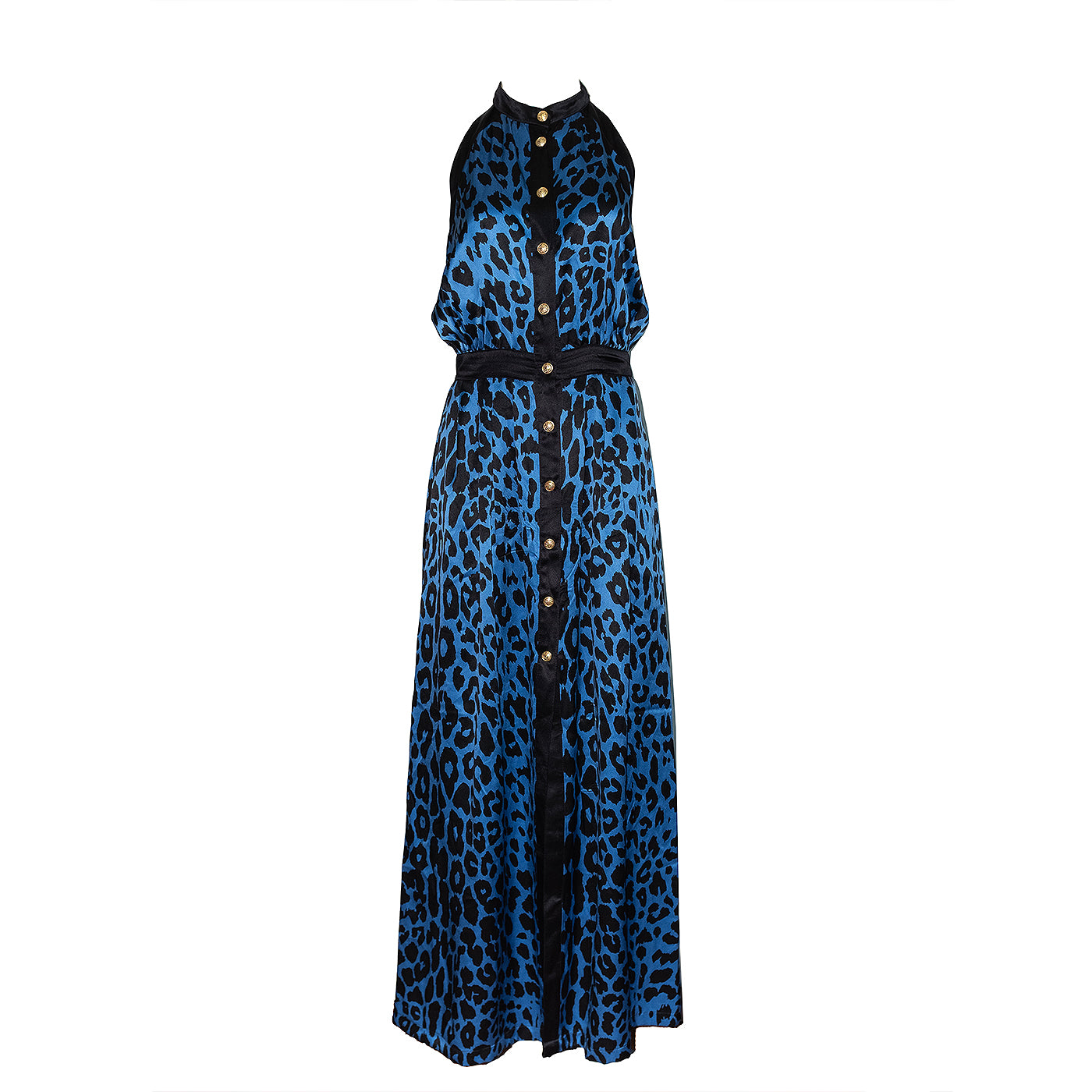 Balmain Animal Print Black & Blue Halter Neck Silk Dress