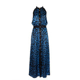 Balmain Animal Print Black & Blue Halter Neck Silk Dress