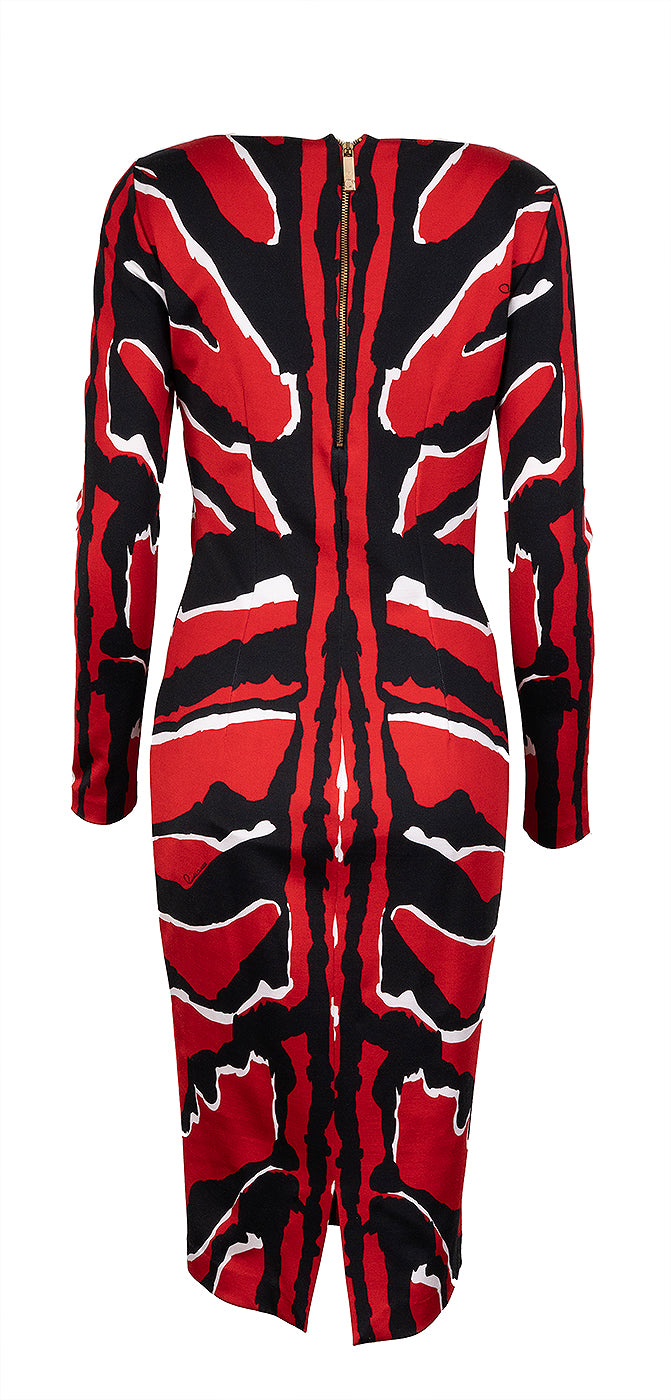 Cavalli Class Tricolor Abstract Print Longsleeve Midi Dress