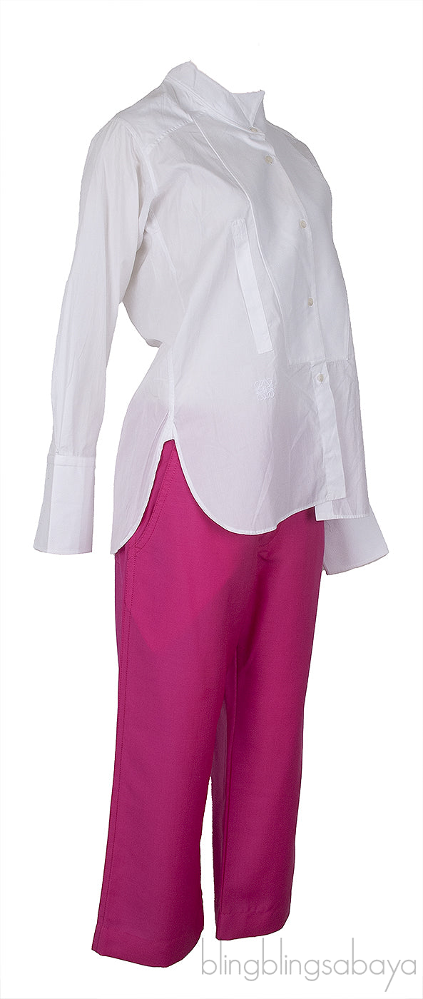 White Long Sleeve Shirt And Fuchsia Wide Leg Trouser
