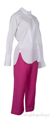 White Long Sleeve Shirt And Fuchsia Wide Leg Trouser