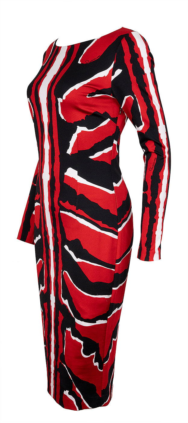 Cavalli Class Tricolor Abstract Print Longsleeve Midi Dress