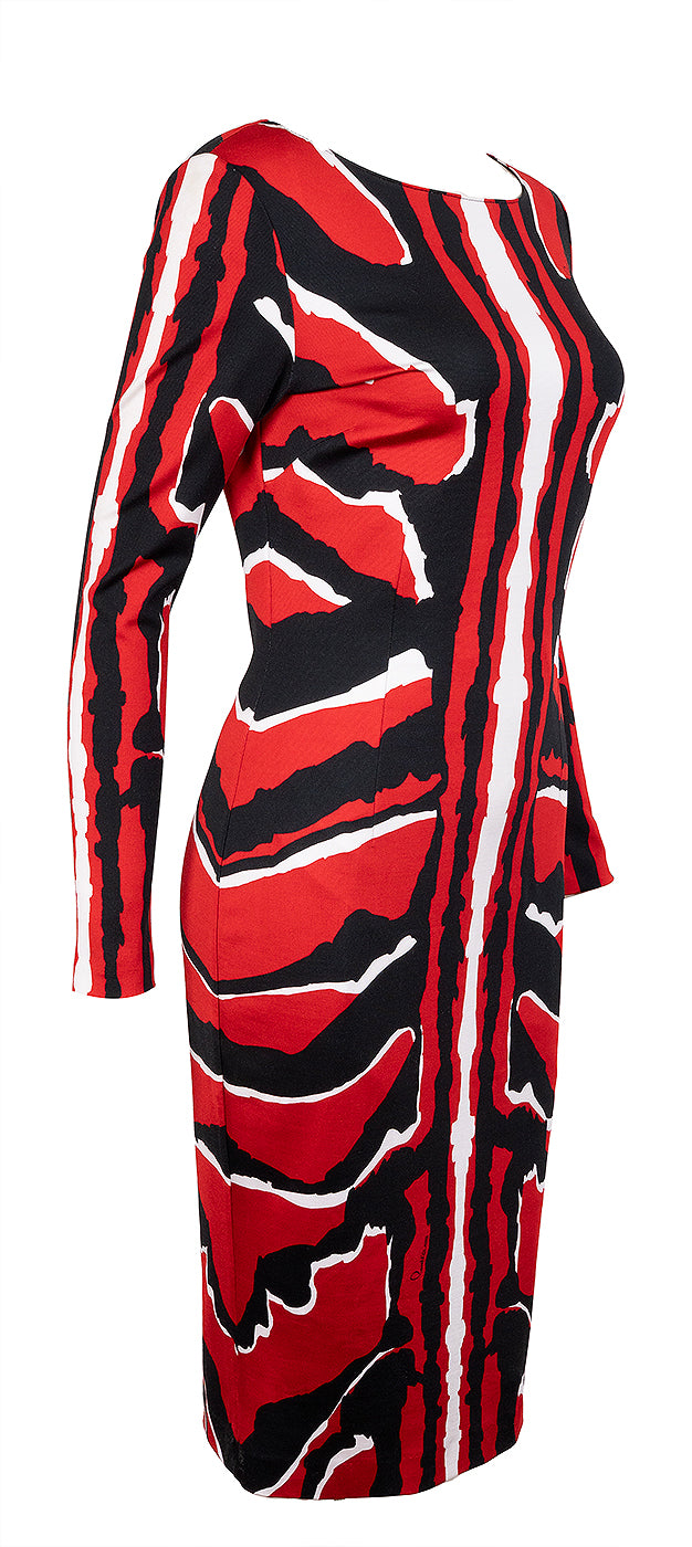 Cavalli Class Tricolor Abstract Print Longsleeve Midi Dress