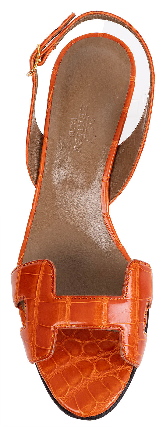 Hermes Night 70 Crocodile Orange Slingback Sandals 37