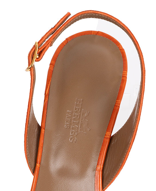 Hermes Night 70 Crocodile Orange Slingback Sandals 37