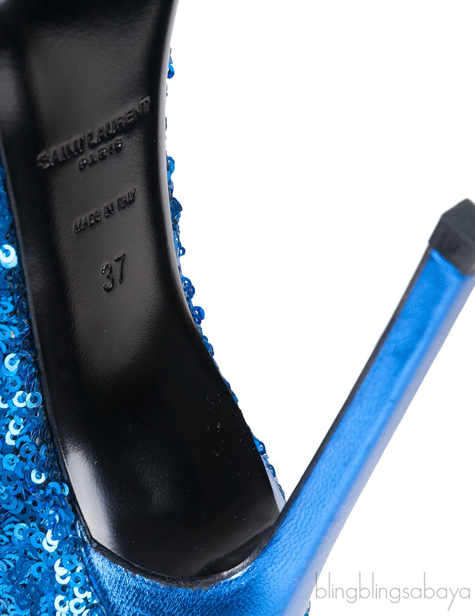 Blue Sequined Pointed Toe Heels