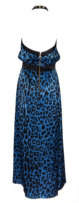 Balmain Animal Print Black & Blue Halter Neck Silk Dress