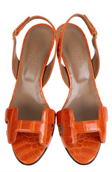 Hermes Night 70 Crocodile Orange Slingback Sandals 37