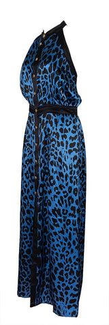Balmain Animal Print Black & Blue Halter Neck Silk Dress