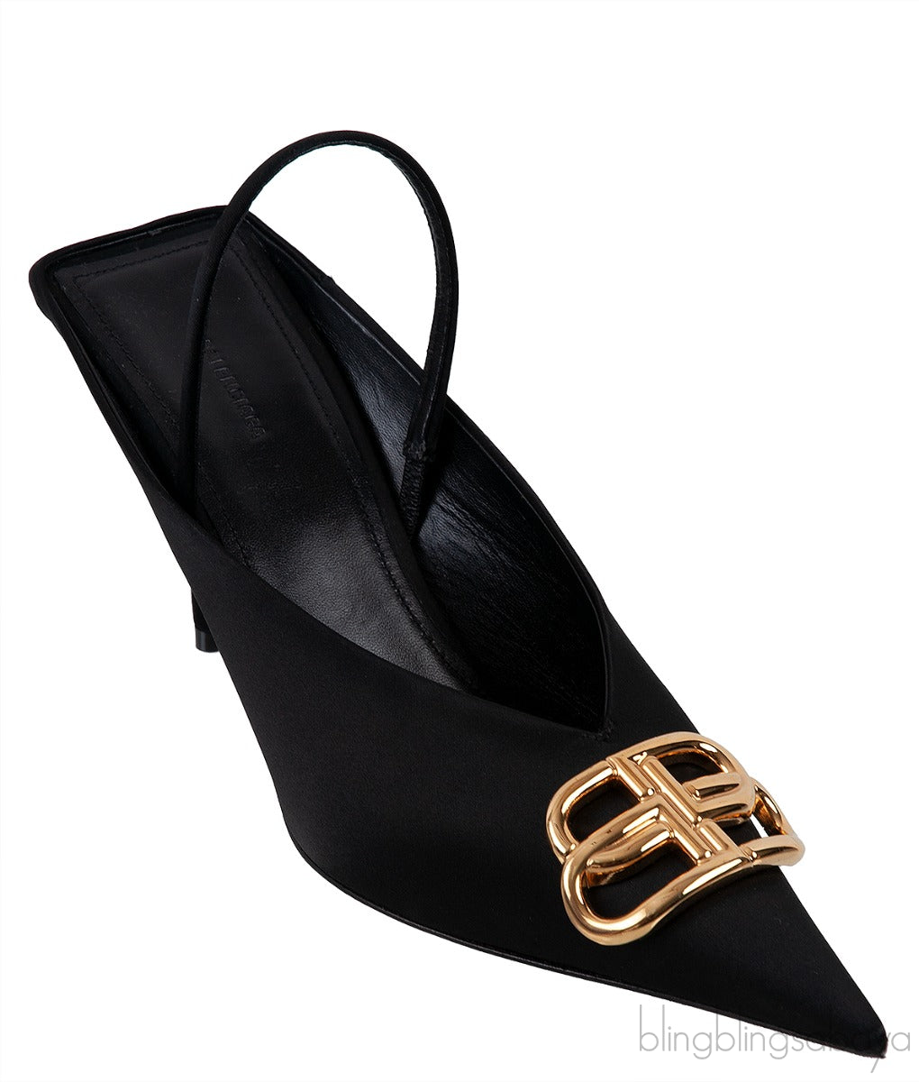 Balenciaga Black Satin BB Pointed Toe Slingback