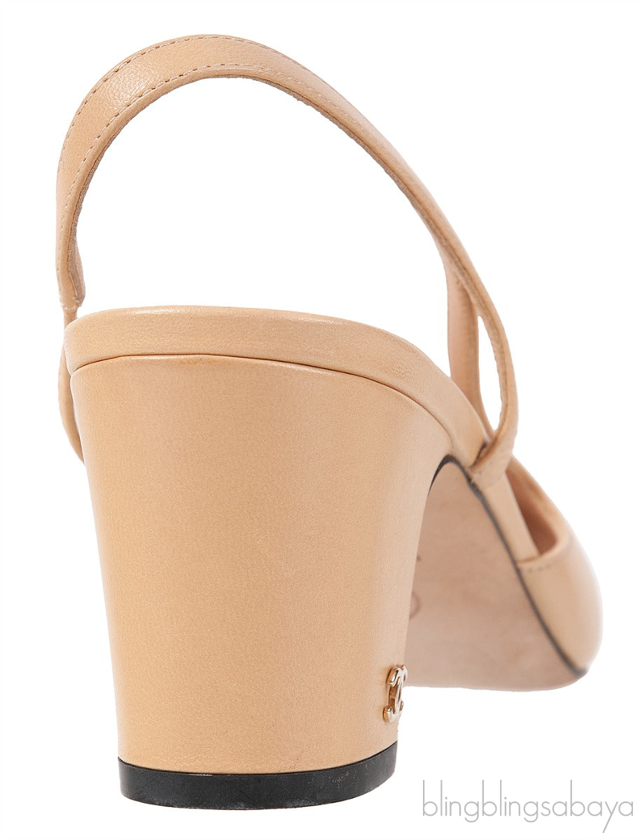 Beige Leather Cap Toe Slingback Shoes