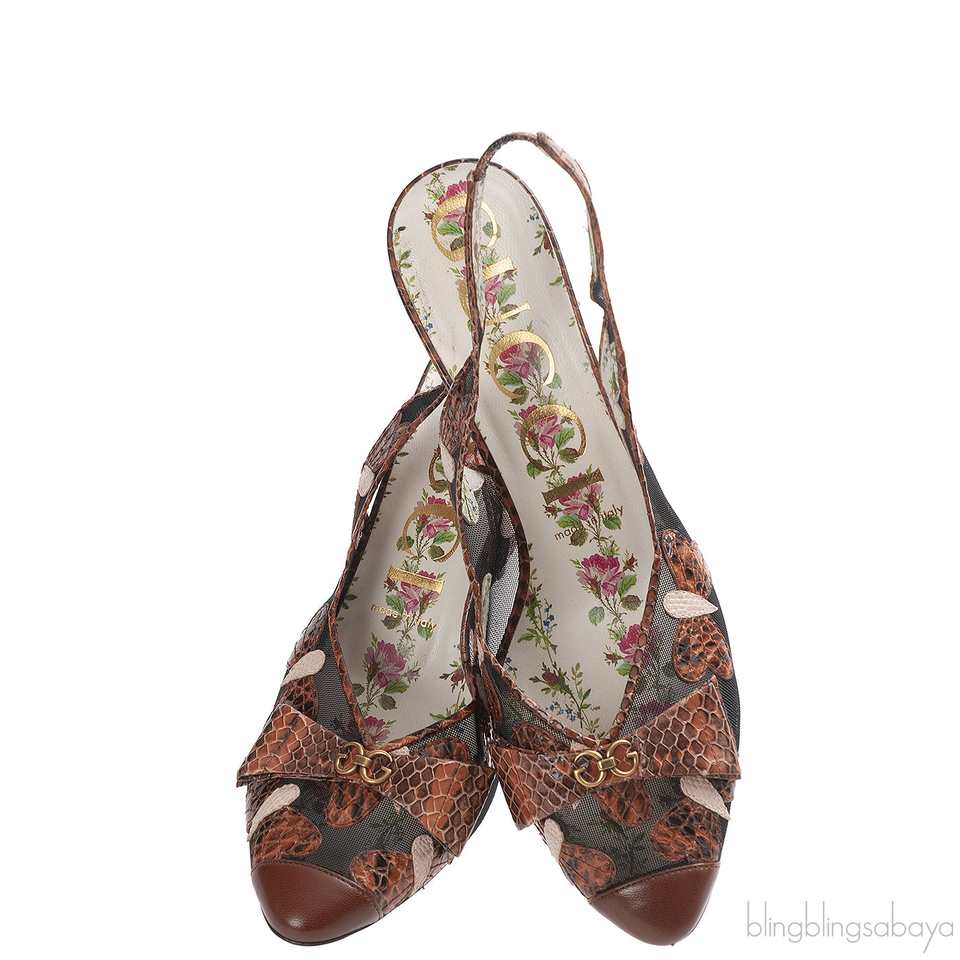 Gucci Malaga Kid Elaphe Lizard Butterflies Mid-Heel Slingback