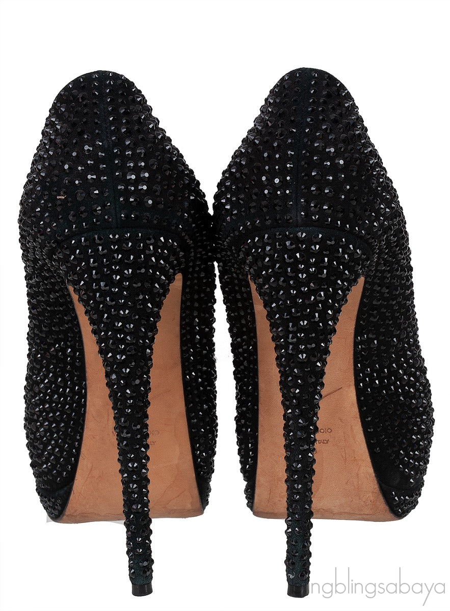 Black Crystal Embellished Peep Toe Heels