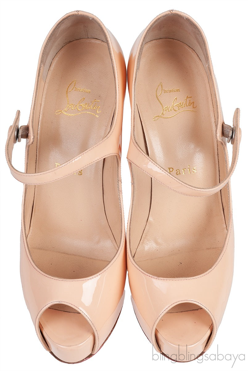 Beige Patent Peep Toe Heels