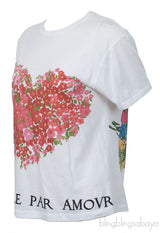 Flower Heart & Bird Print White T-shirt