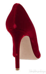 Red velvet pointed toe heels