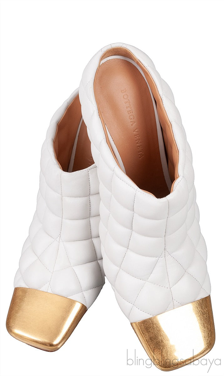 Bottega Veneta White Quilted Gold Square Toe Mule