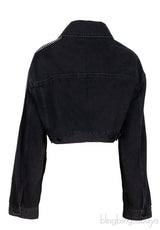 Black Denim Crystal Shoulder Crop Jacket