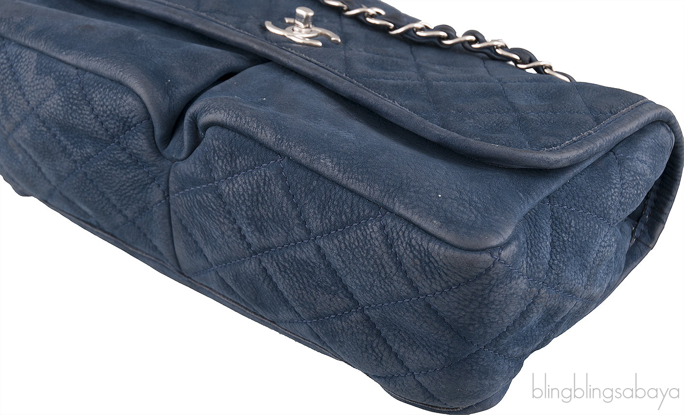 Blue Nubuck Quilted Flap Bag