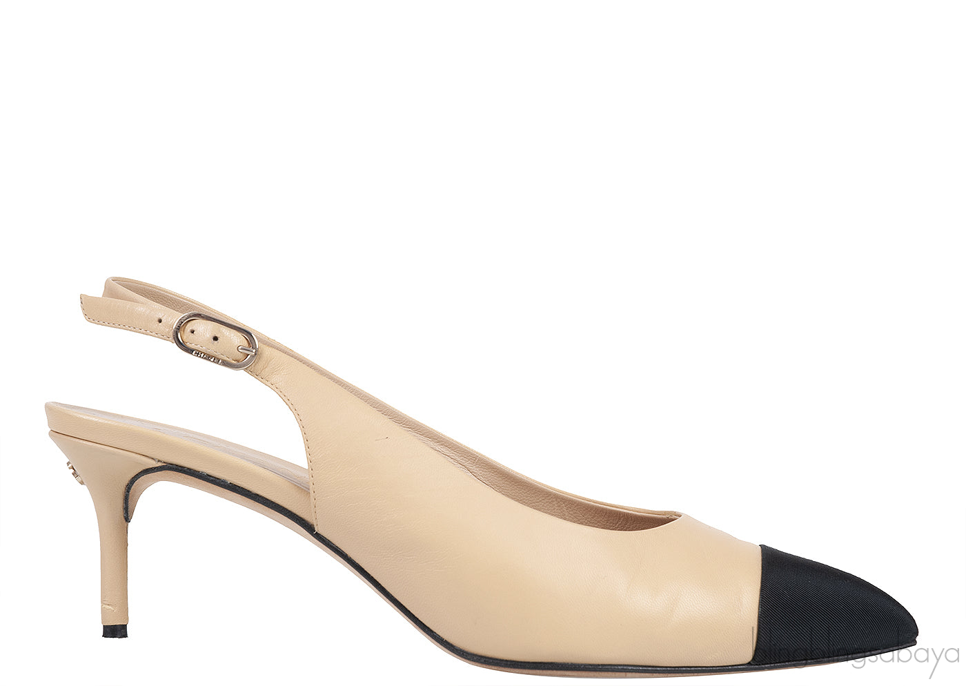 Beige Leather/Black Canvas Slingback Shoes