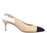 Beige Leather/Black Canvas Slingback Shoes