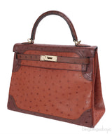 Hermes Kelly 32 Ghillies Rouge H Sunset and Brique Ostrich Bag