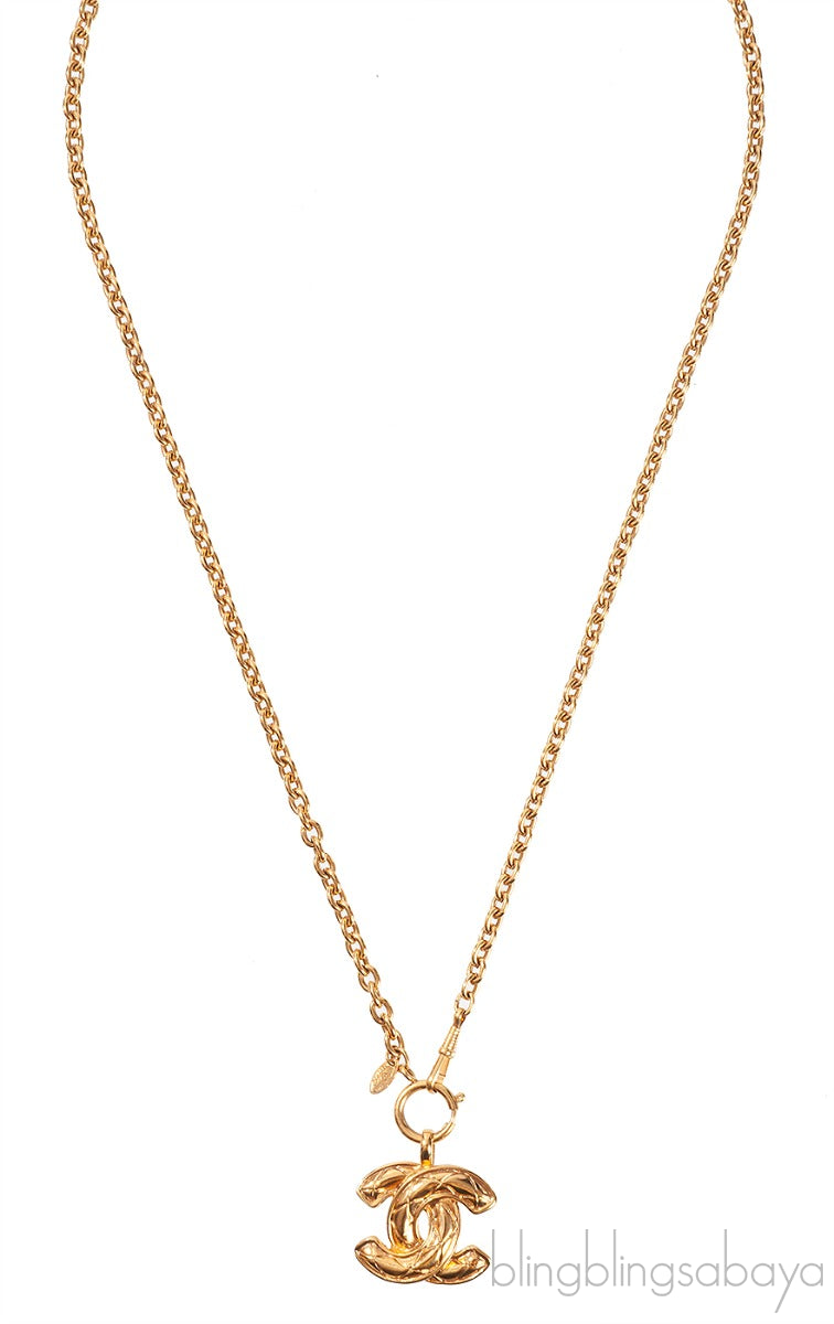 Chanel Vintage Diamond Quilted CC Gold Pendant Necklace
