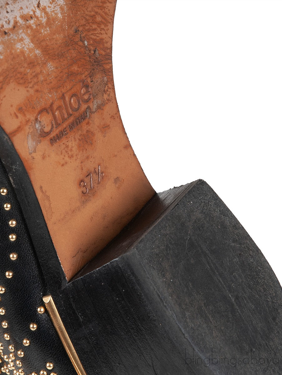 Black Leather Metal Beads Strappy Boots