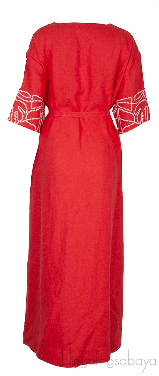 Coral Linen Embroidered Kaftan Dress