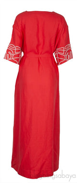 Coral Linen Embroidered Kaftan Dress