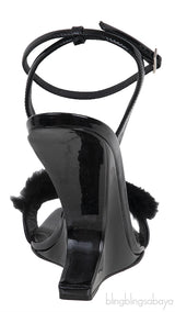 Black Picard Wedge Fur Slingback Sandals