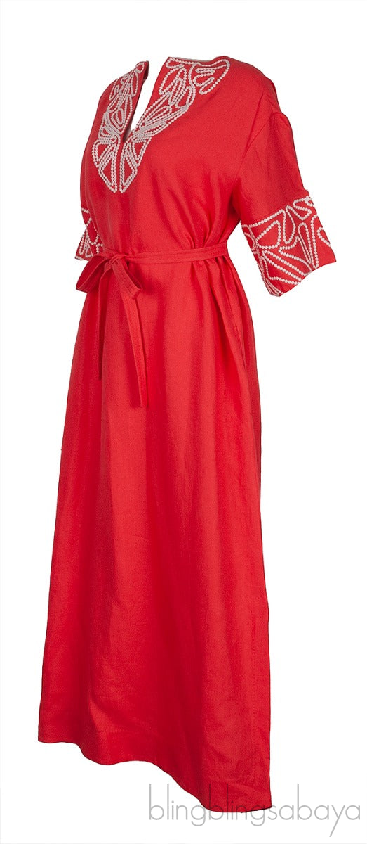Coral Linen Embroidered Kaftan Dress