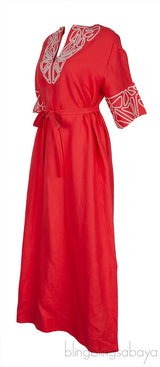 Coral Linen Embroidered Kaftan Dress