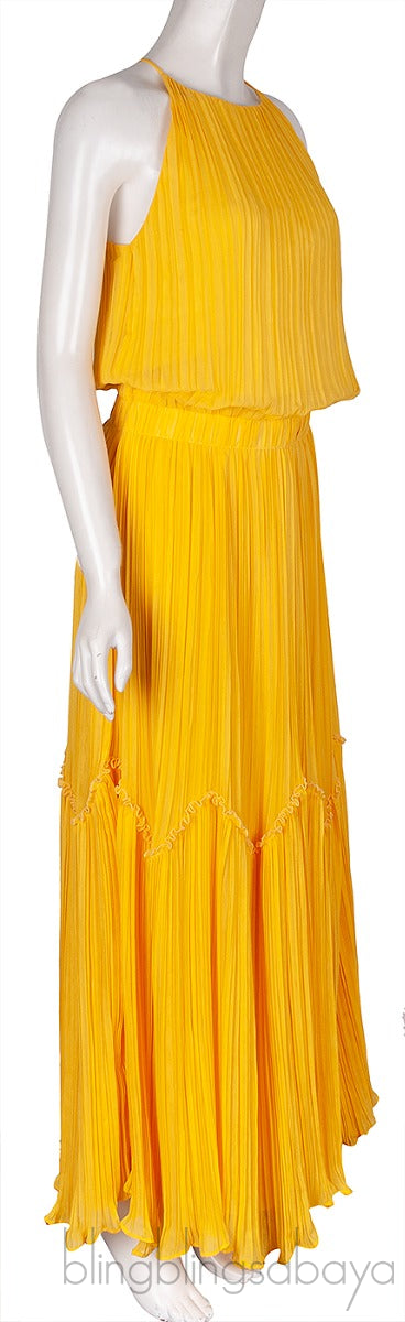 Yellow Pleats Please Tiered Maxi Dress