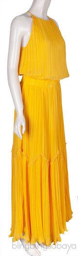 Yellow Pleats Please Tiered Maxi Dress