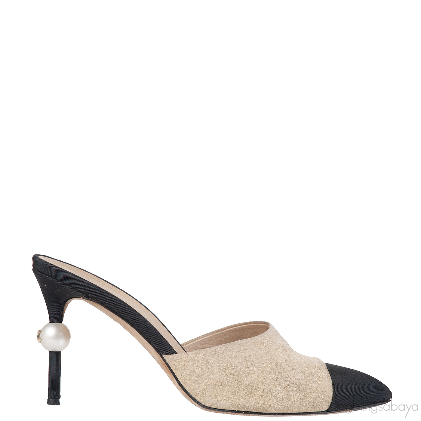 CHANEL BEIGE AND BLACK SUEDE POINTED MULE