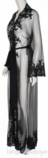 Black Mesh Lace Trim Robe