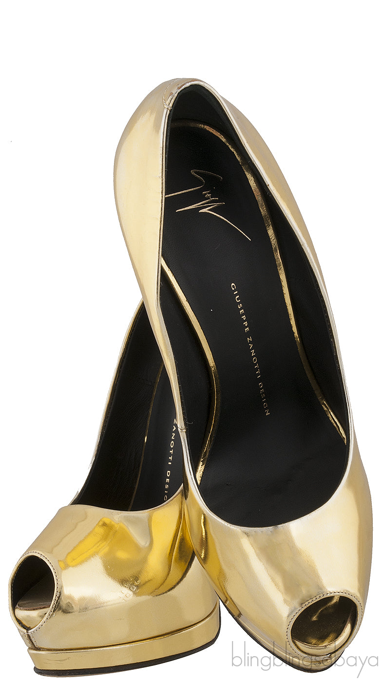 Gold Patent Peep Toe Pump