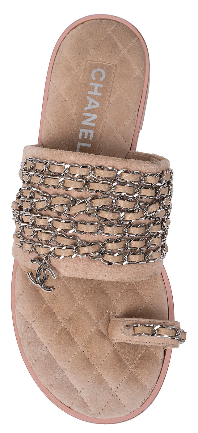 Chanel Beige Suede & Chain Sandals