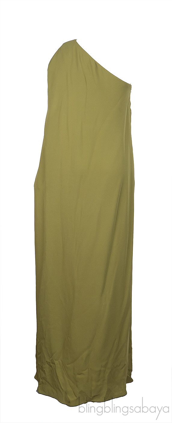 Valentino Green Silk Crepe Flared One-Shoulder Dress