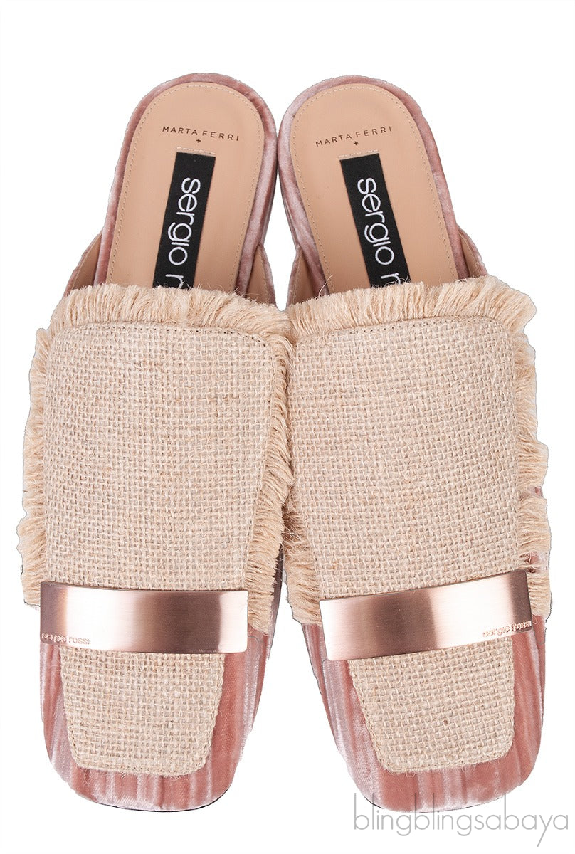 Jute Embellished Crushed Velvet Mules