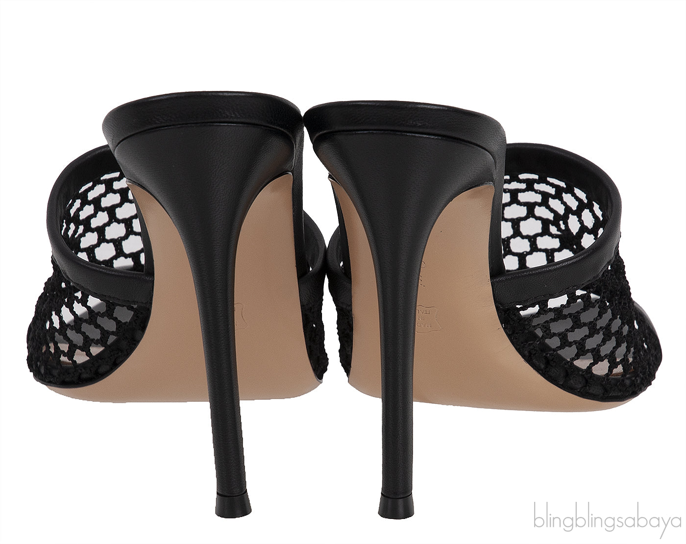 Black Leather Trimmed Fishnet Mules